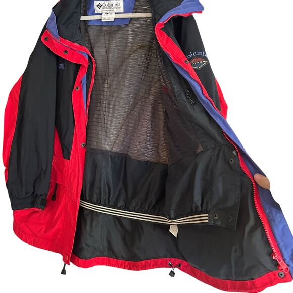 Columbia Omni-Tech Hooded Jacket Red Black Nylon Shell Women’s Large Hiking - Picture 7 of 16